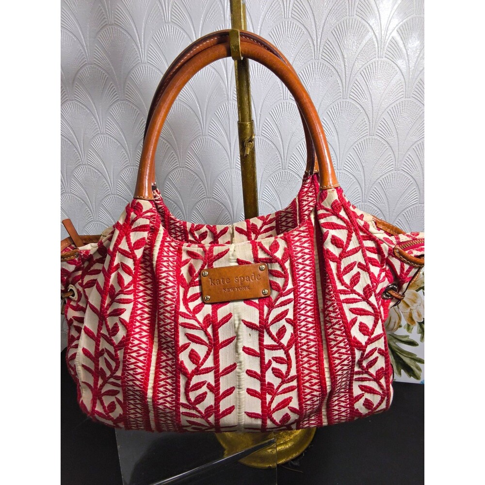 Kate Spade leaf foliage print red and white tote  bag